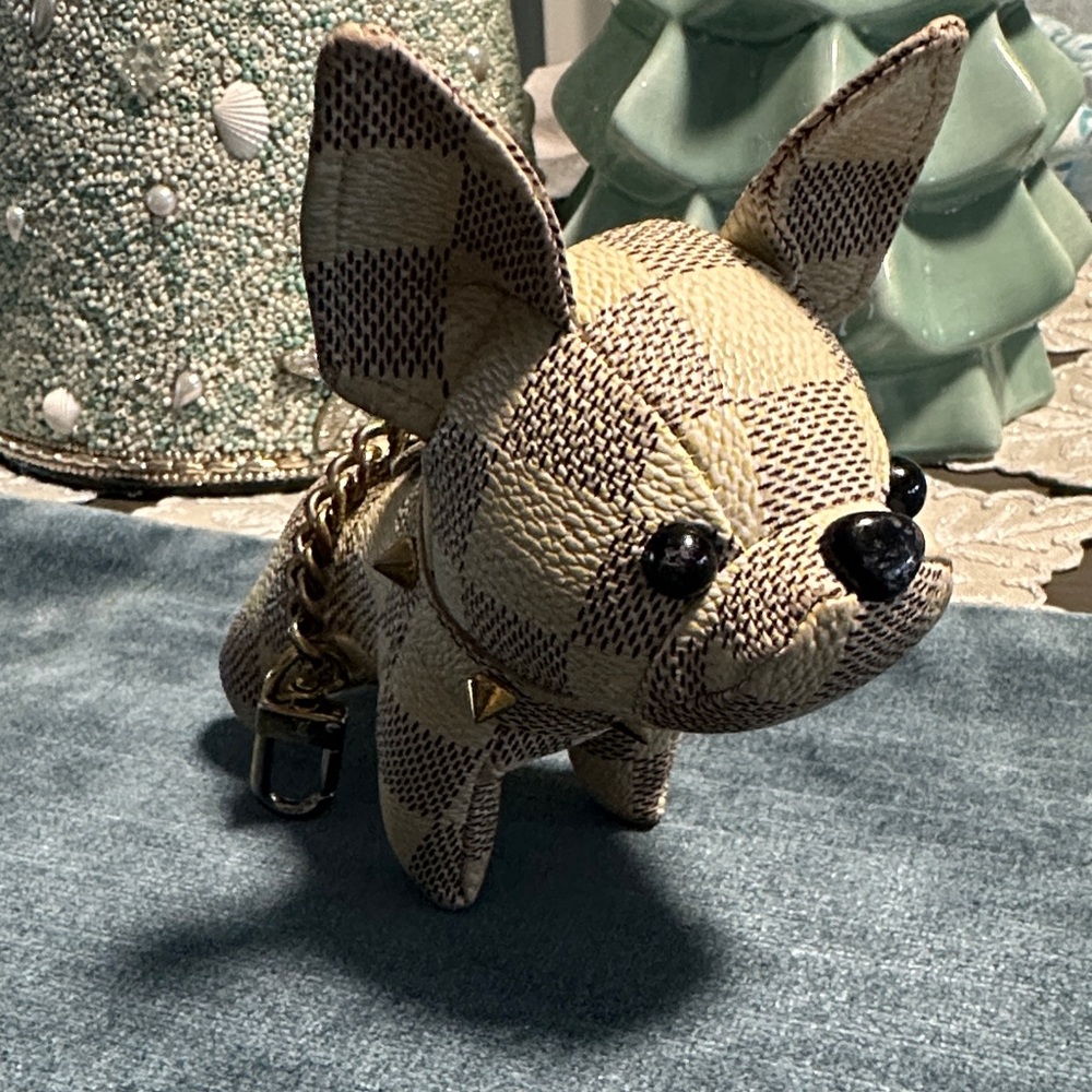 Clip On Checkered Plush Dog with Gold Accents Bag Charm